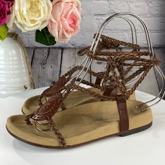 Birkenstock Shoes - BIRKENSTOCKS TATAMI Brown Braided Leather Thong Ankle Wrap Boho Sandals